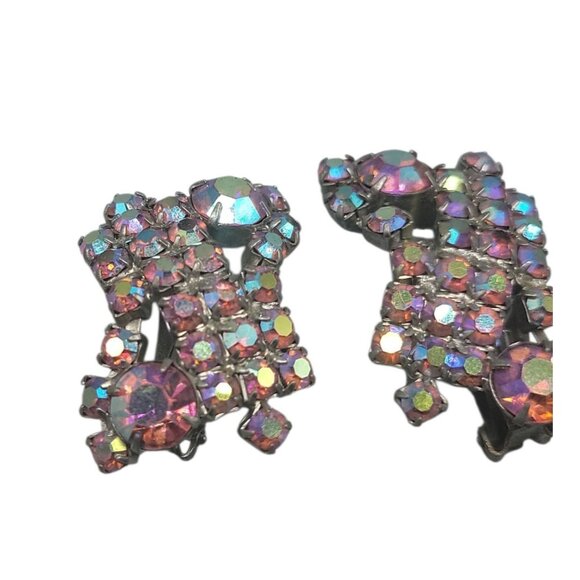 Alice Caviness Multi-Colored Aurora Borealis Clip On Earrings VTG Unsigned - Picture 5 of 13